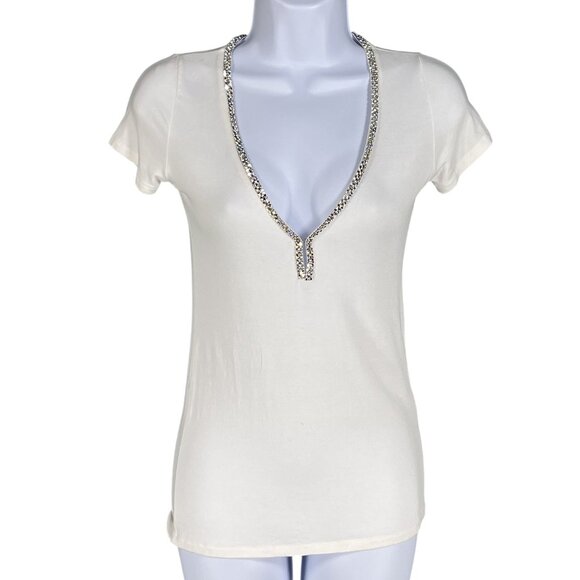 Majestic Paris Swarovski Crystals Women XS White Coquette T Shirt Clean Girl Top - Picture 1 of 15